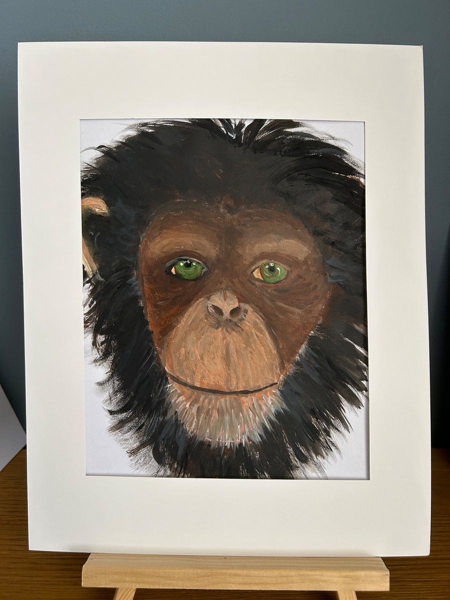 Thoughtful chimpanzee portrait in acrylics.Original painting 