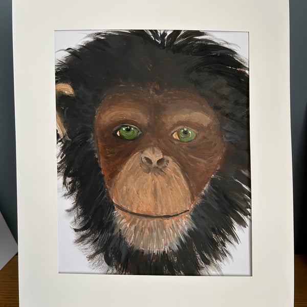 Thoughtful chimpanzee portrait in acrylics.Original painting 