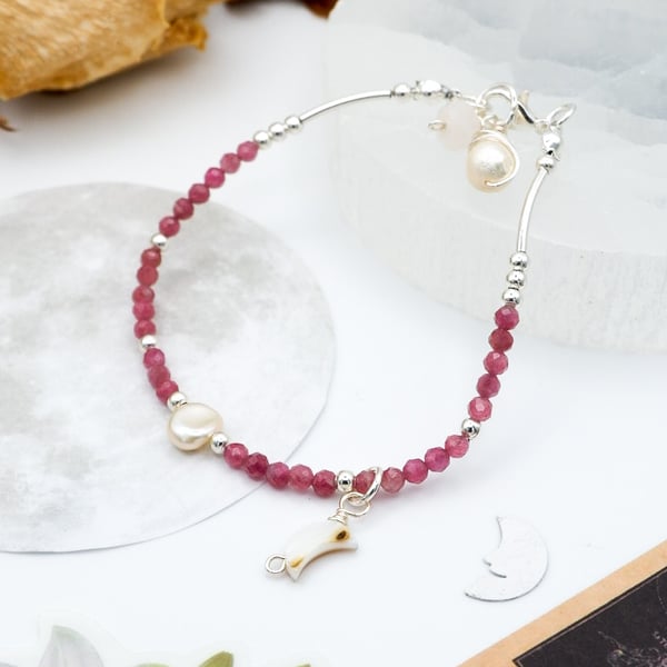 Strawberry Quartz Gemstone Beaded Celestial Sterling Silver Bracelet, Easter