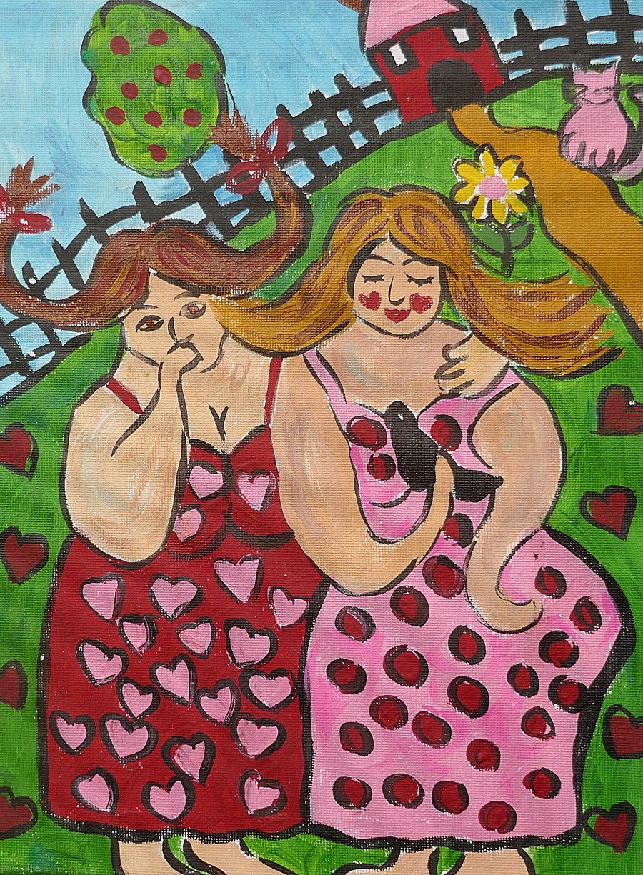 Colourful Sister Love, quirky  acrylic painting on canvas 10" x 12"