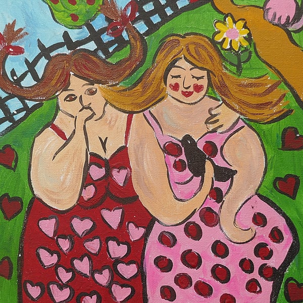 Colourful Sister Love, quirky  acrylic painting on canvas 10" x 12"