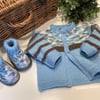 Baby Boy's Hand Knitted Cardigan-Jacket & Matching Booties Set Size 0-6 months