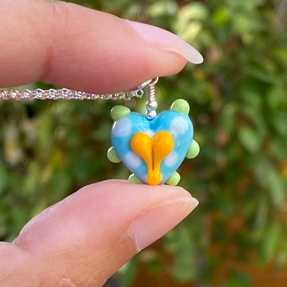 Funky Turquoise Heart Lampwork Glass Pendant Necklace. Sterling Silver. 