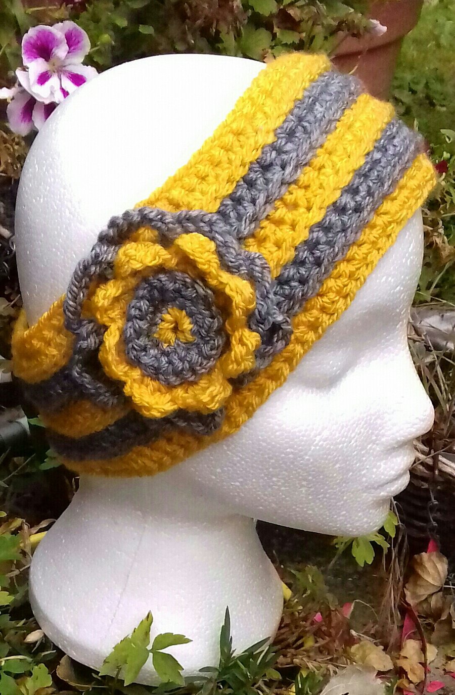 Earwarmer Headband Mustard & Grey Flower 