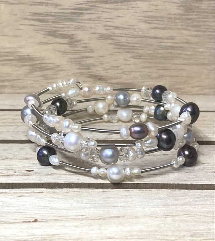 Assorted Freshwater Pearls Memory Wire Bangle - highlighted with clear crystal 