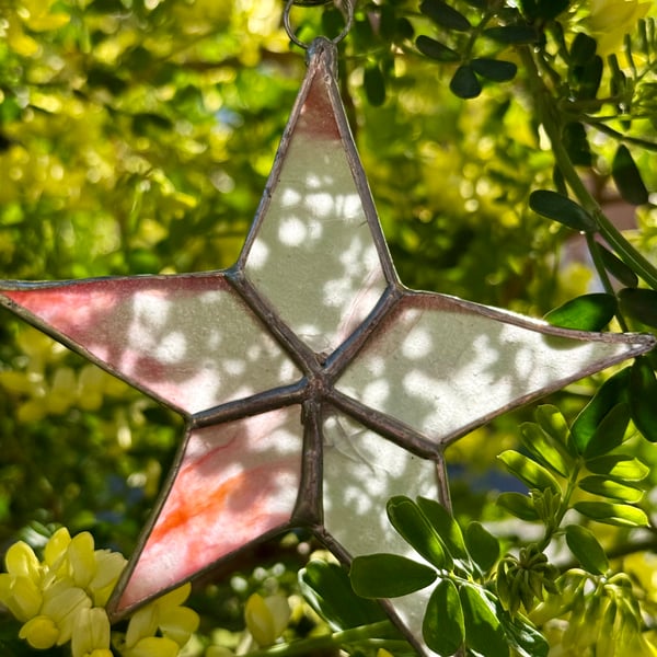 Stained Glass 5-point Star - Textured white with orangey pink hues (small flaw)