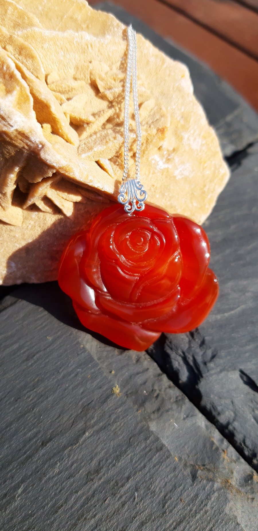 Sterling Silver and Orange Agate Carved Rose  Necklace