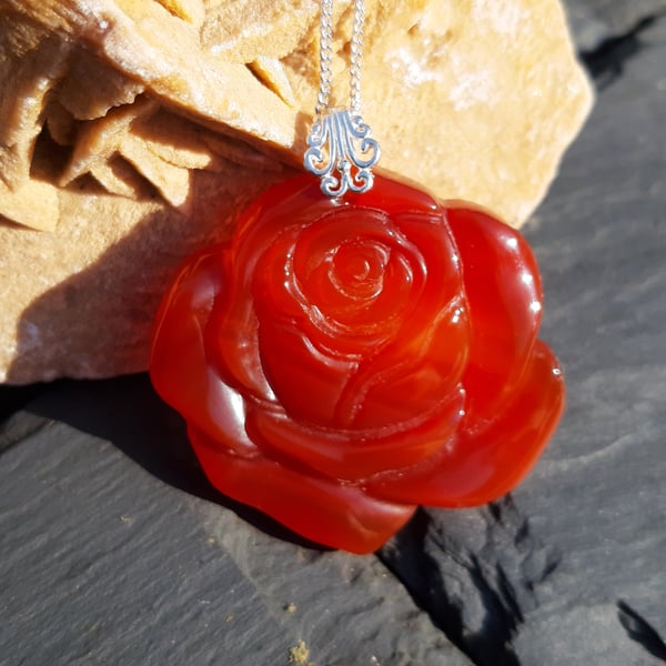 Sterling Silver and Orange Agate Carved Rose  Necklace