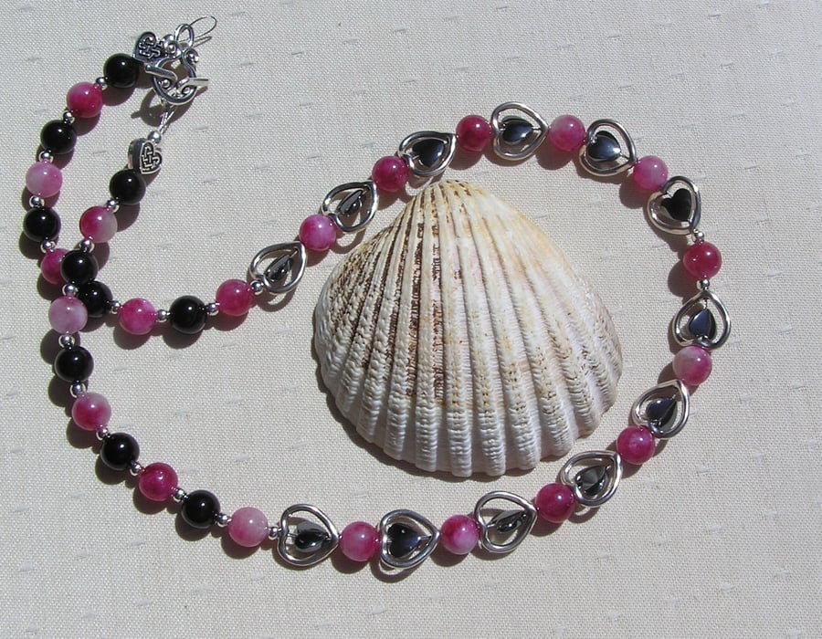 Pink Tourmaline, Black Onyx & Hematite Crystal Gemstone Silver Heart Necklace