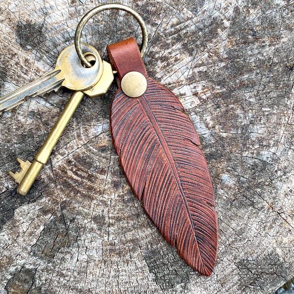 Boho Leather Feather Keyring Handmade Key Fob