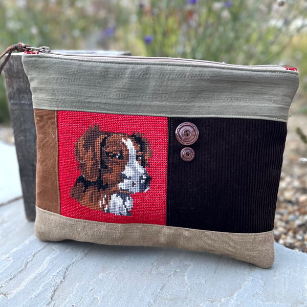 Brown and white dog cross stitch large soft pouch with corduroy & floral lining