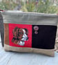 Brown and white dog cross stitch large soft pouch with corduroy & floral lining