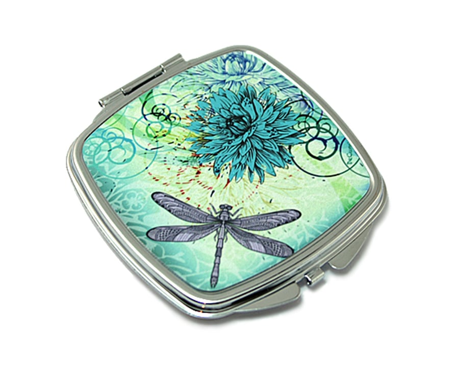 Compact Mirror for pocket or handbag, teal flowers with dragonfly. M12
