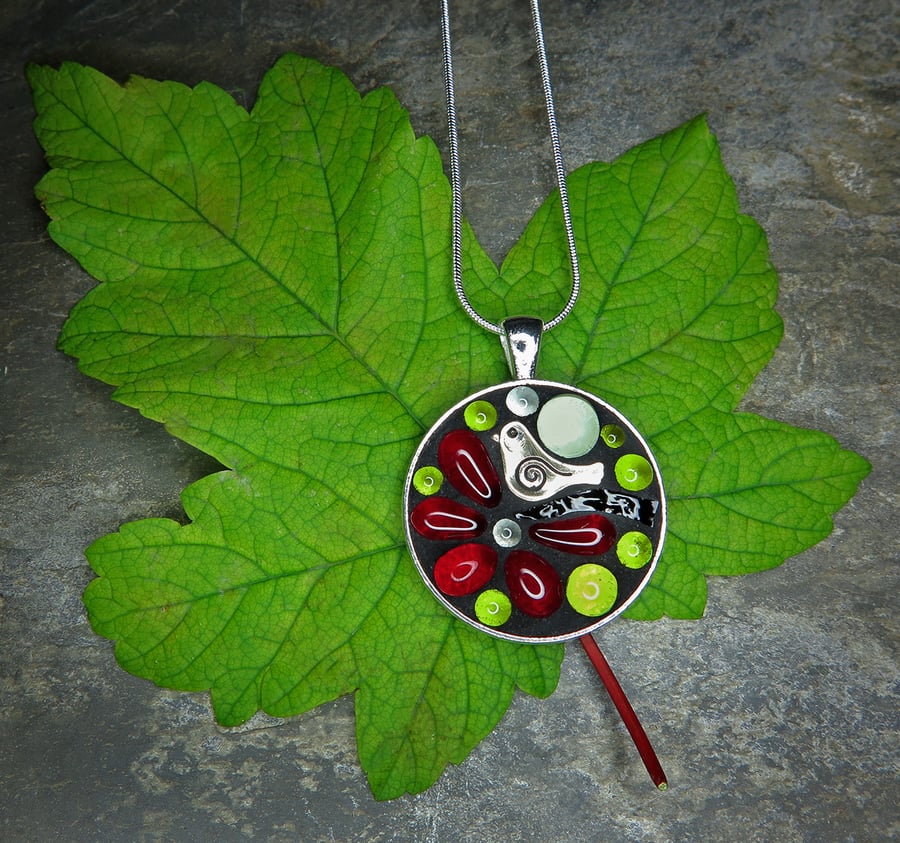 'Red Blossom Bird' Mosaic Glass Pendant - Sale!