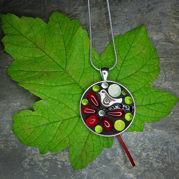 'Red Blossom Bird' Mosaic Glass Pendant - Sale!