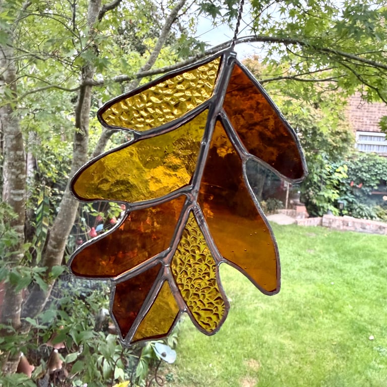 Stained Glass Oak Leaf Suncatcher - Handmade Hanging Window Decoration 