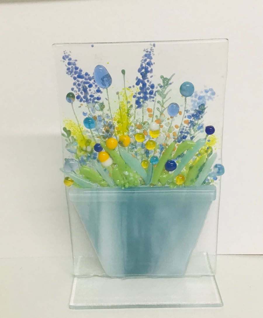 Blue flower pot fused glass ornament 