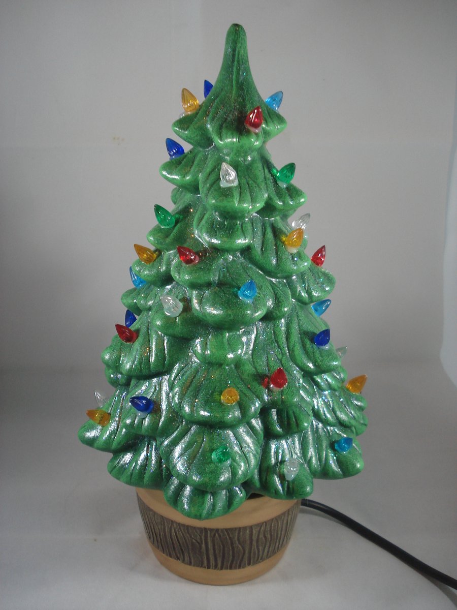 Ceramic Green Glittery Xmas Christmas Tree Table Lamp Light Ornament Decoration.