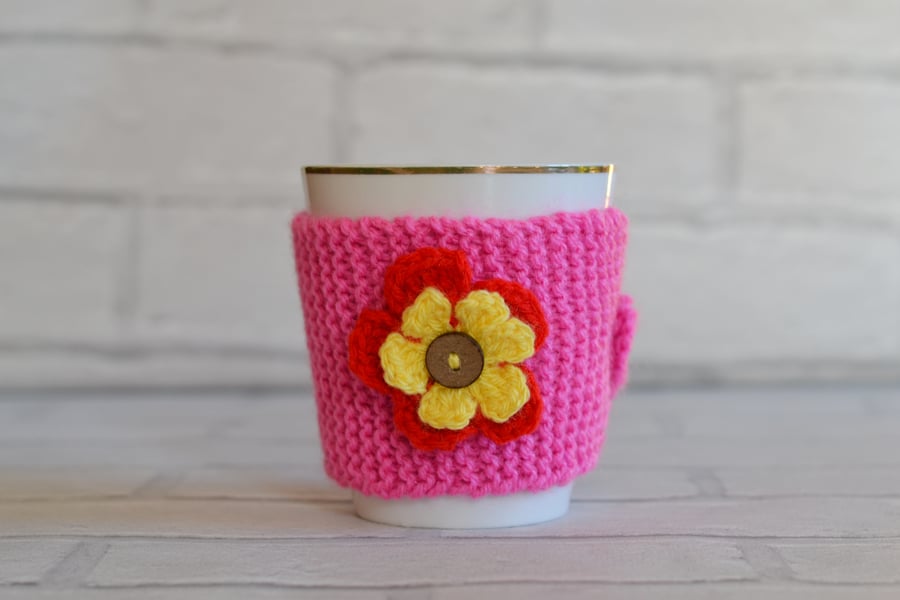 Candy Pink Knitted Flower Mug Hug 