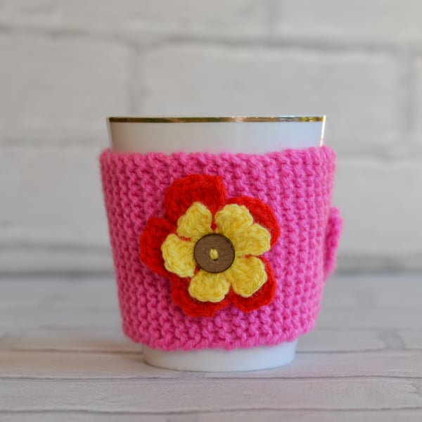 Candy Pink Knitted Flower Mug Hug 