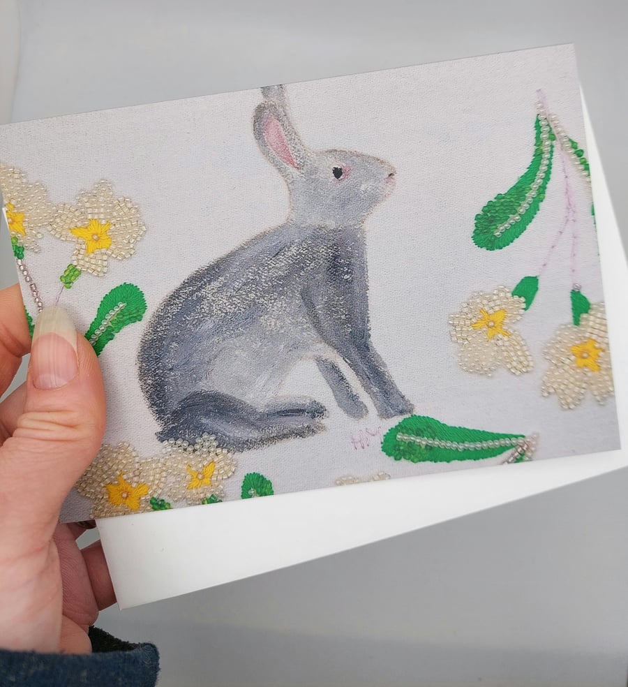 Rabbit and Primroses blank greeting card 
