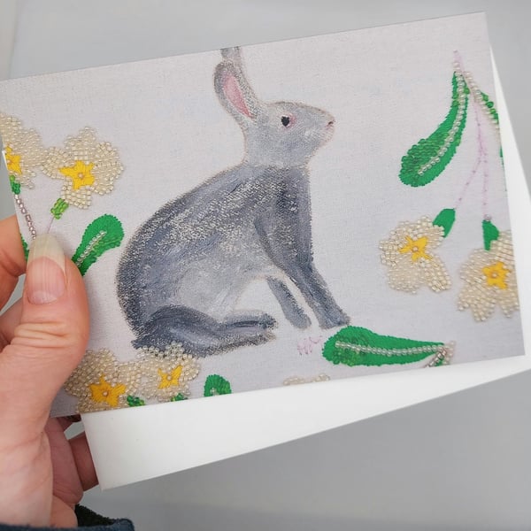 Rabbit and Primroses blank greeting card 