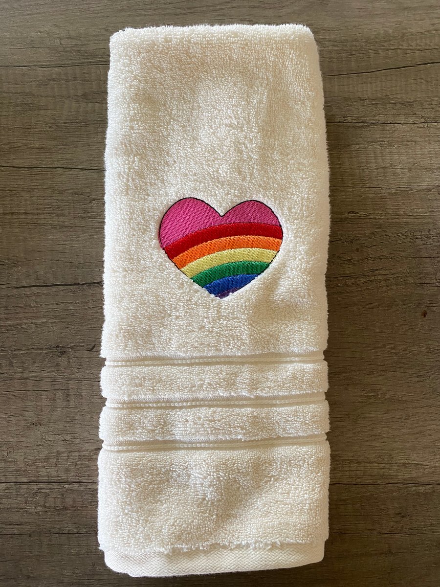 Embroidered Rainbow Heart hand towel