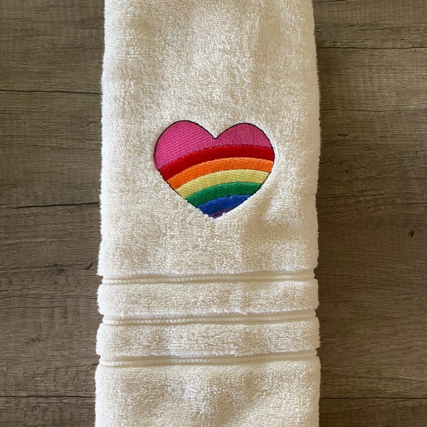 Embroidered Rainbow Heart hand towel