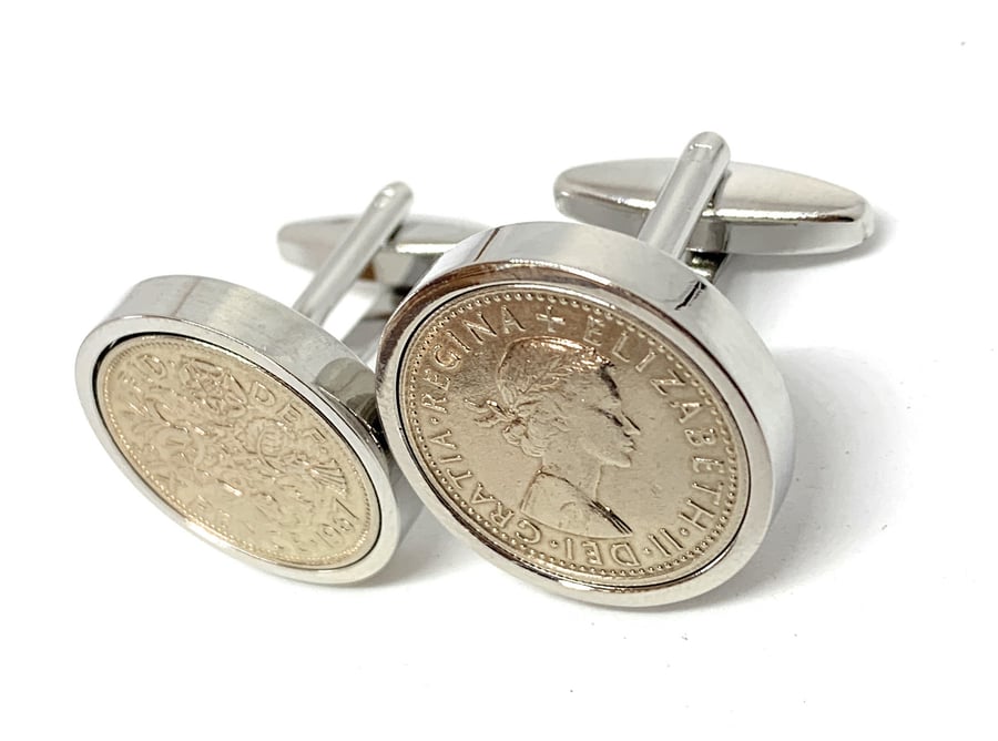 Luxury 1967 Sixpence Cufflinks for a 57th birthday. Original British sixpences 