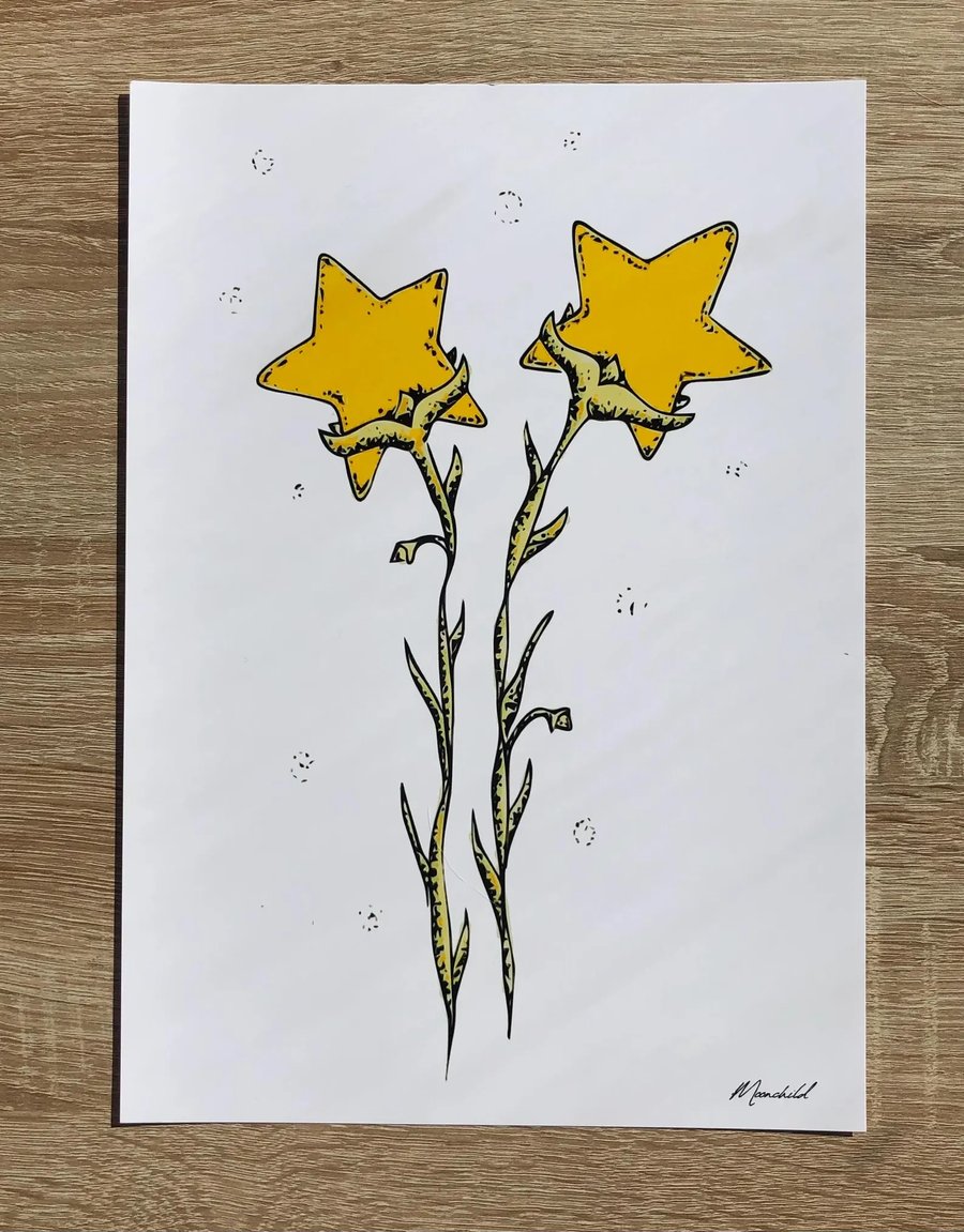Star Flower Print, A4 Giclee Print, Whimsical Art, Fantasy Wall Art, Botanical