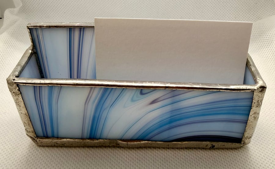 Stained glass business card holder - multi-blue stripes