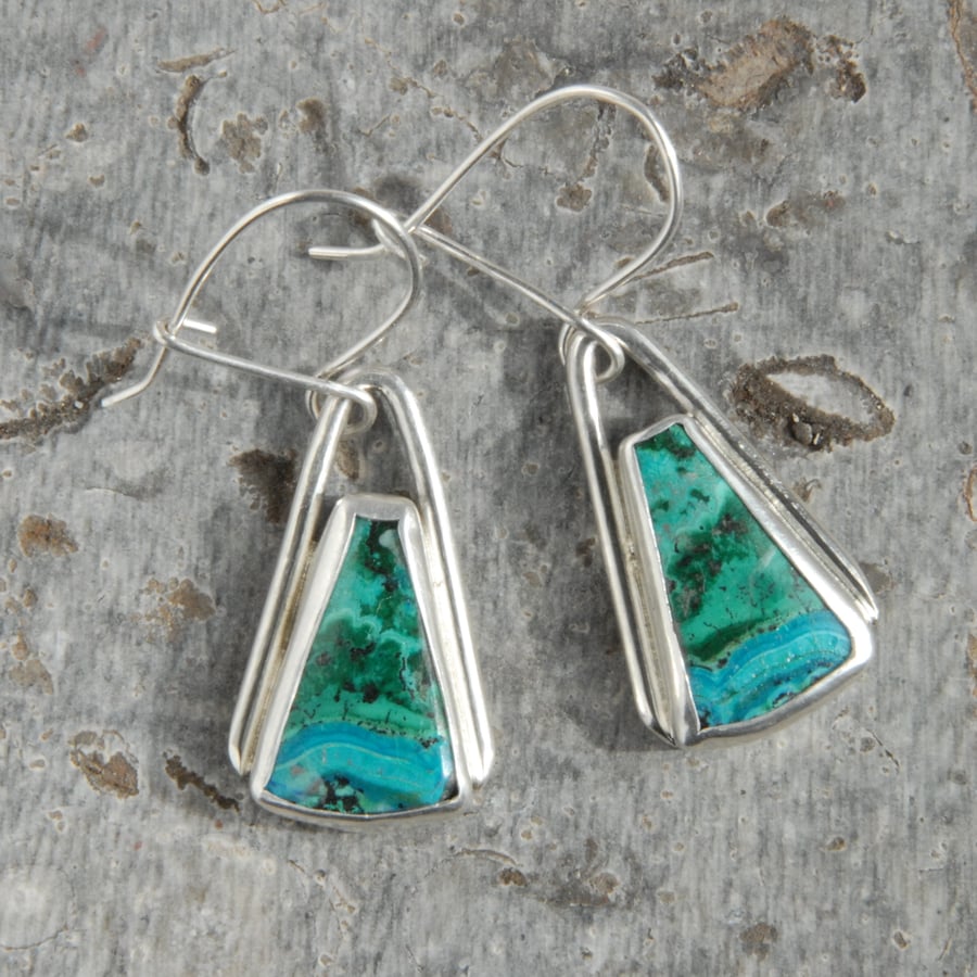 Malachite and chrysocolla silver drop earrings
