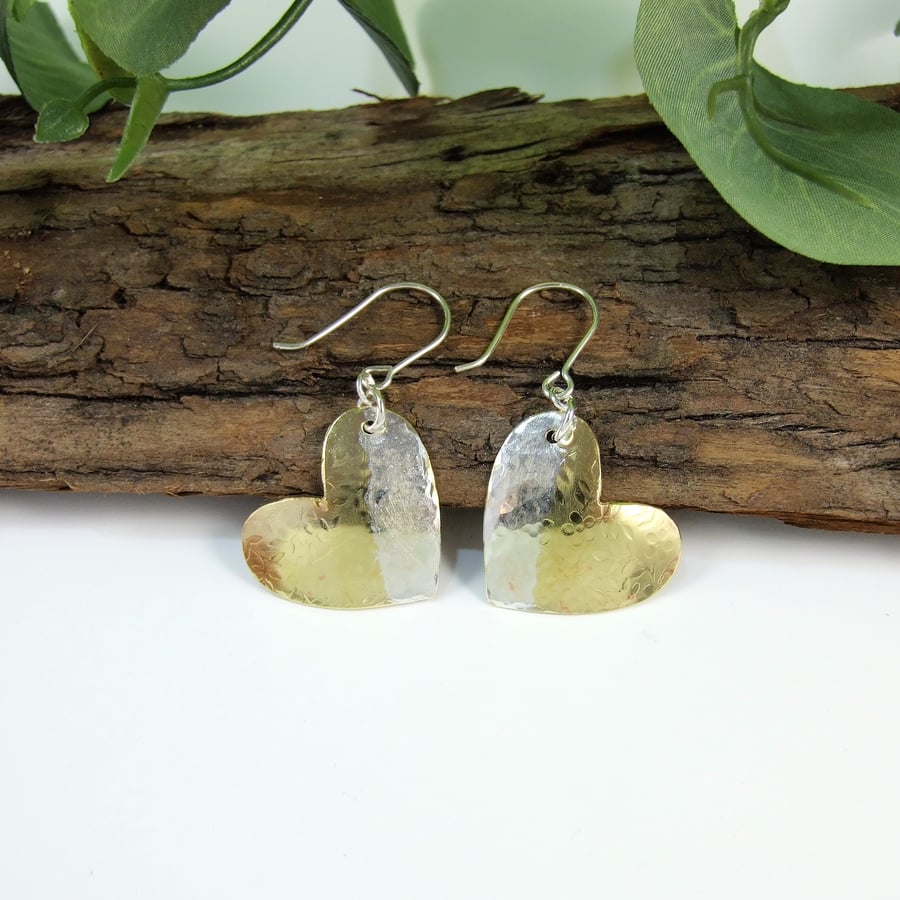 Earrings, Sterling Silver and Brass Flower Pattern Heart Earrings