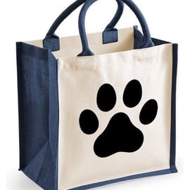 Dog Paw Print Midi Jute Shopper Canvas Lunch Bag Dog Lover Present