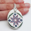 Ottoman Inspired Floral Ceramic Pendant on Light Grey Cord with Lobster Clasp