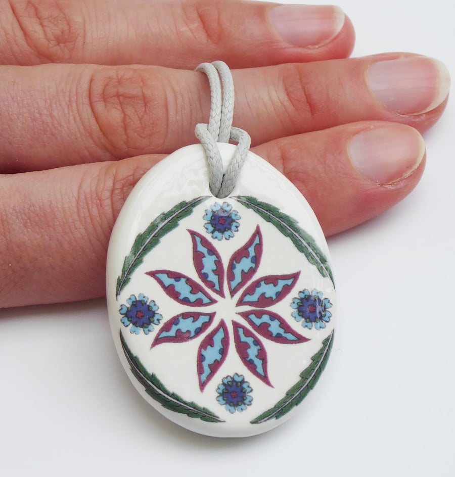Ottoman Inspired Floral Ceramic Pendant on Light Grey Cord with Lobster Clasp
