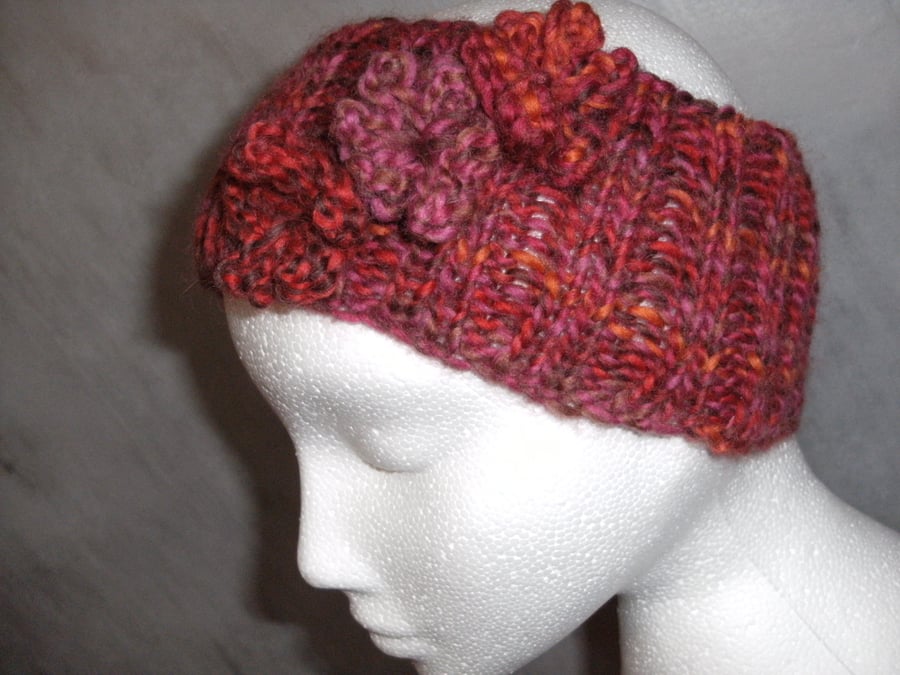 3- Flowered 100% Wool Headband in Rich Reds