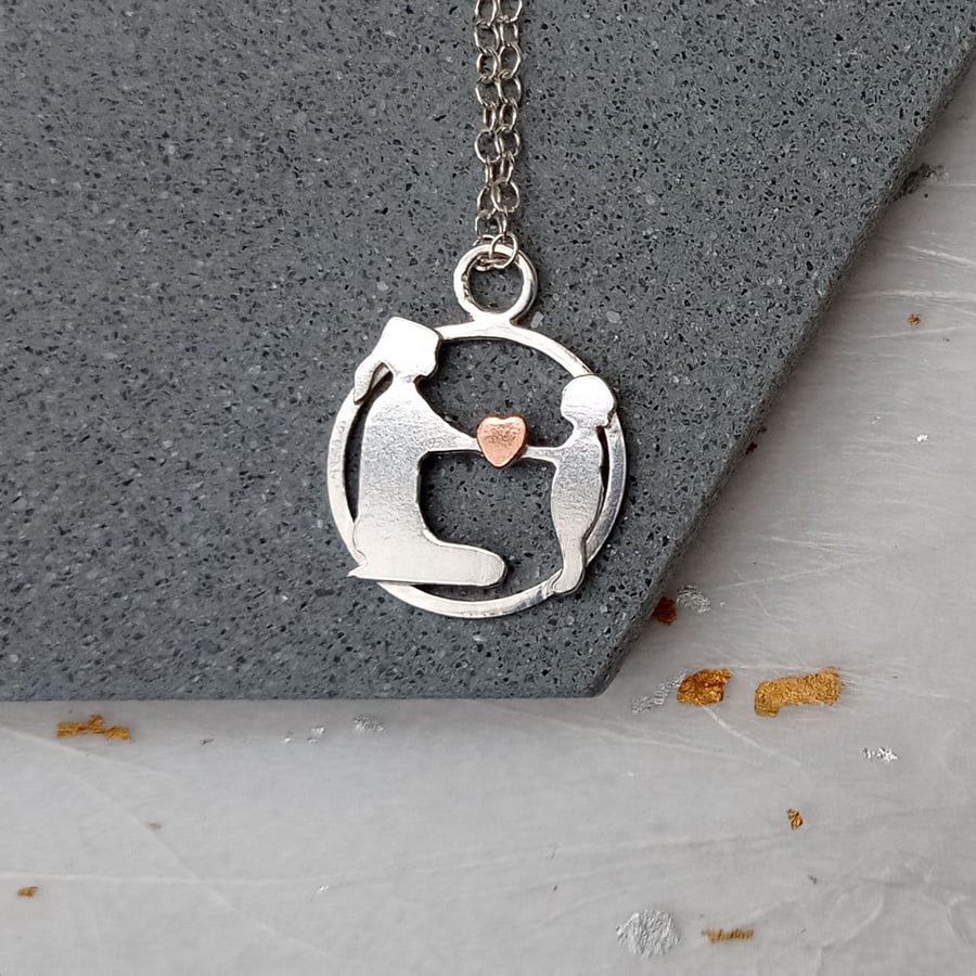 Sterling silver mother child & heart necklace – unique figurative pendant