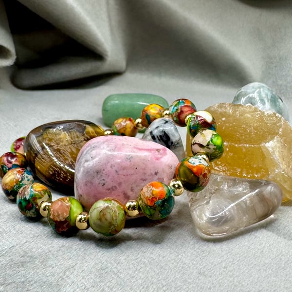 Imperial Jasper and gold plated brass bead bracelet (Medium)