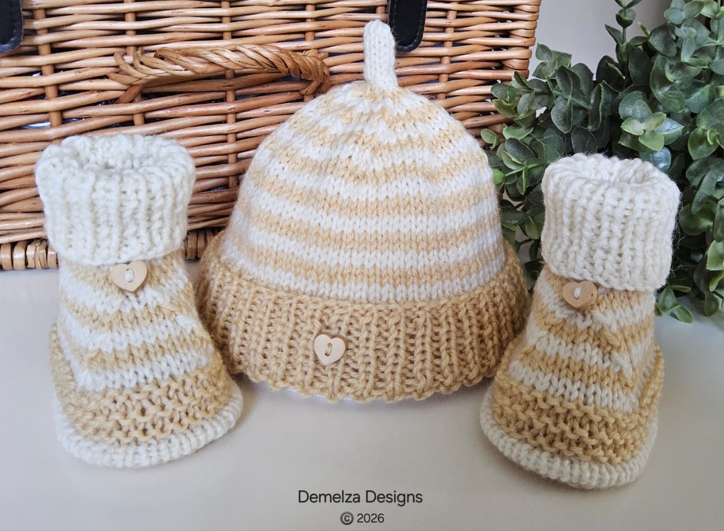 Designer Baby Merino Wool Booties & Hat Gift Set 0-3 months size