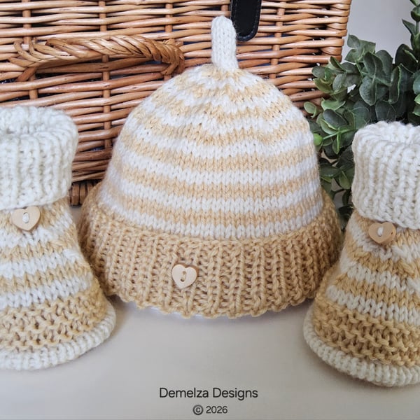 Designer Baby Merino Wool Booties & Hat Gift Set 0-3 months size