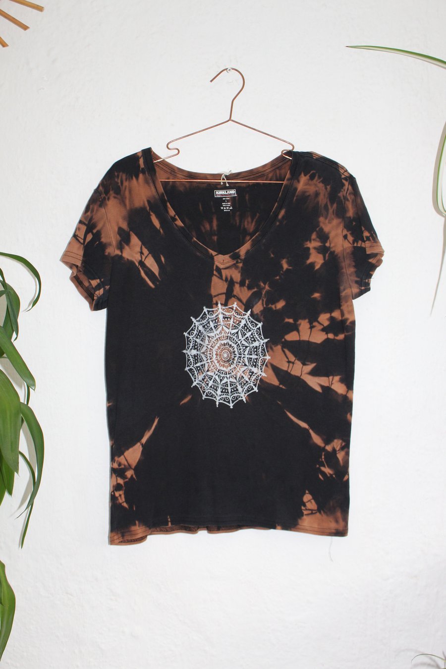 Ladies size L T shirt, reworked Eco tie dyed clothing,white mandala hand printed