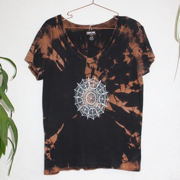Ladies size L T shirt, reworked Eco tie dyed clothing,white mandala hand printed