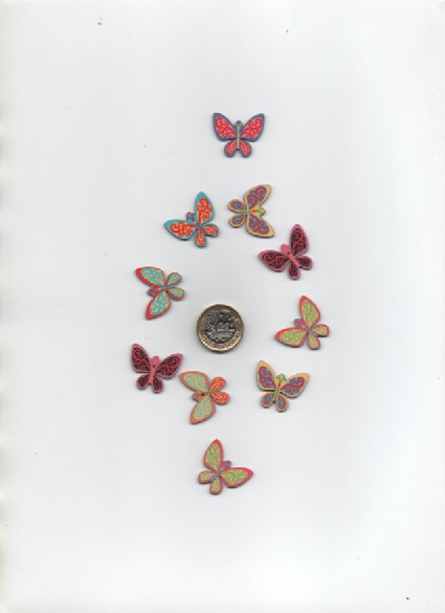 10 assorted colourful printed wooden BUTTERFLY craft FLATBACKS Clearance