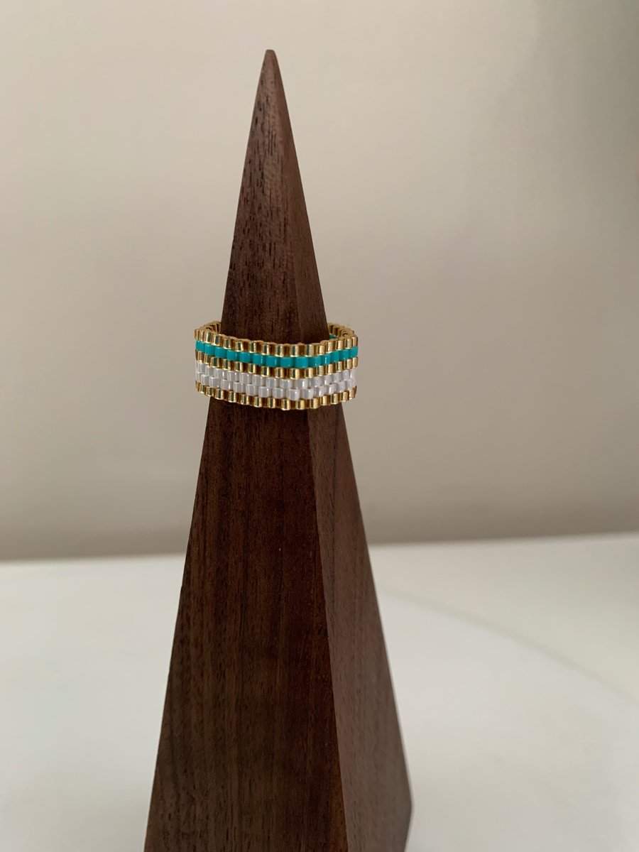 Turquoise and white colour beaded ring