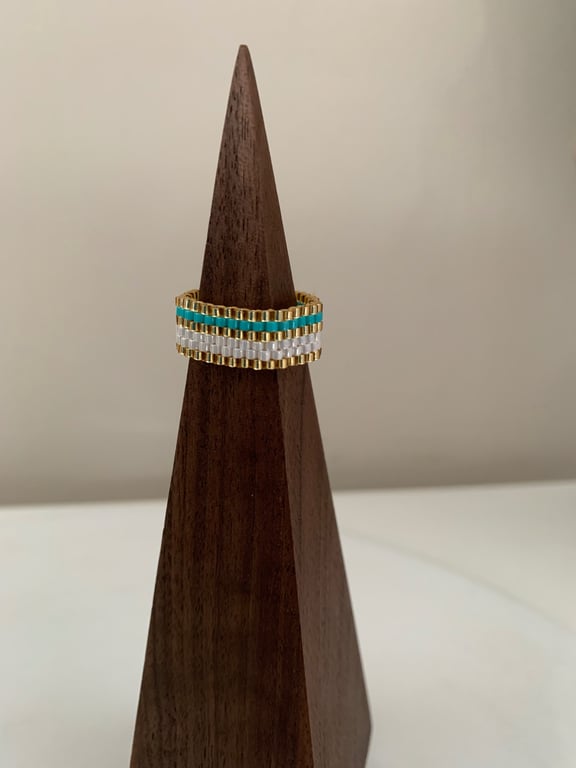 Turquoise and white colour beaded ring