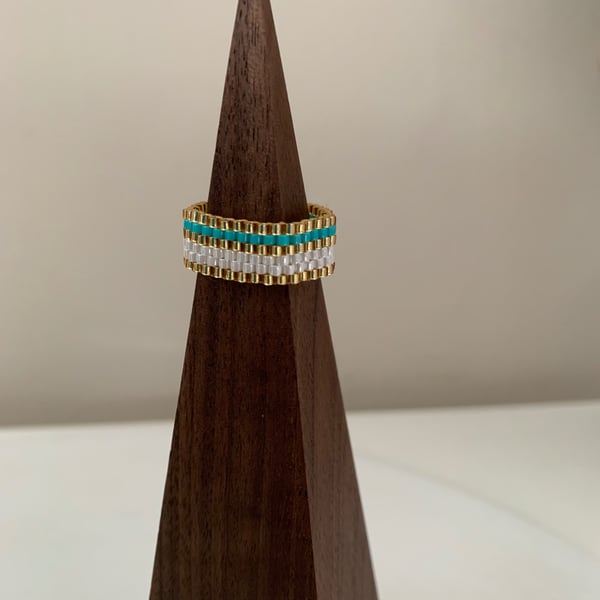 Turquoise and white colour beaded ring