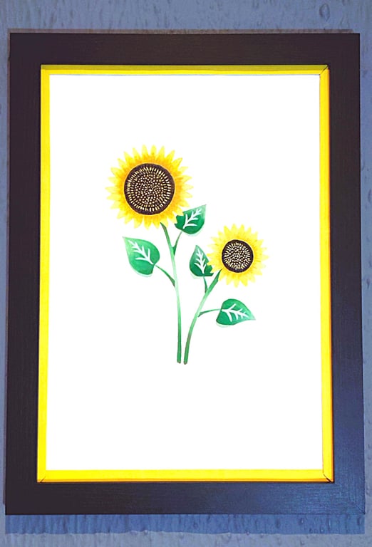 Genuine Made in UK Framed A3 Print Sunflowers Bright Yellow Border Wallart