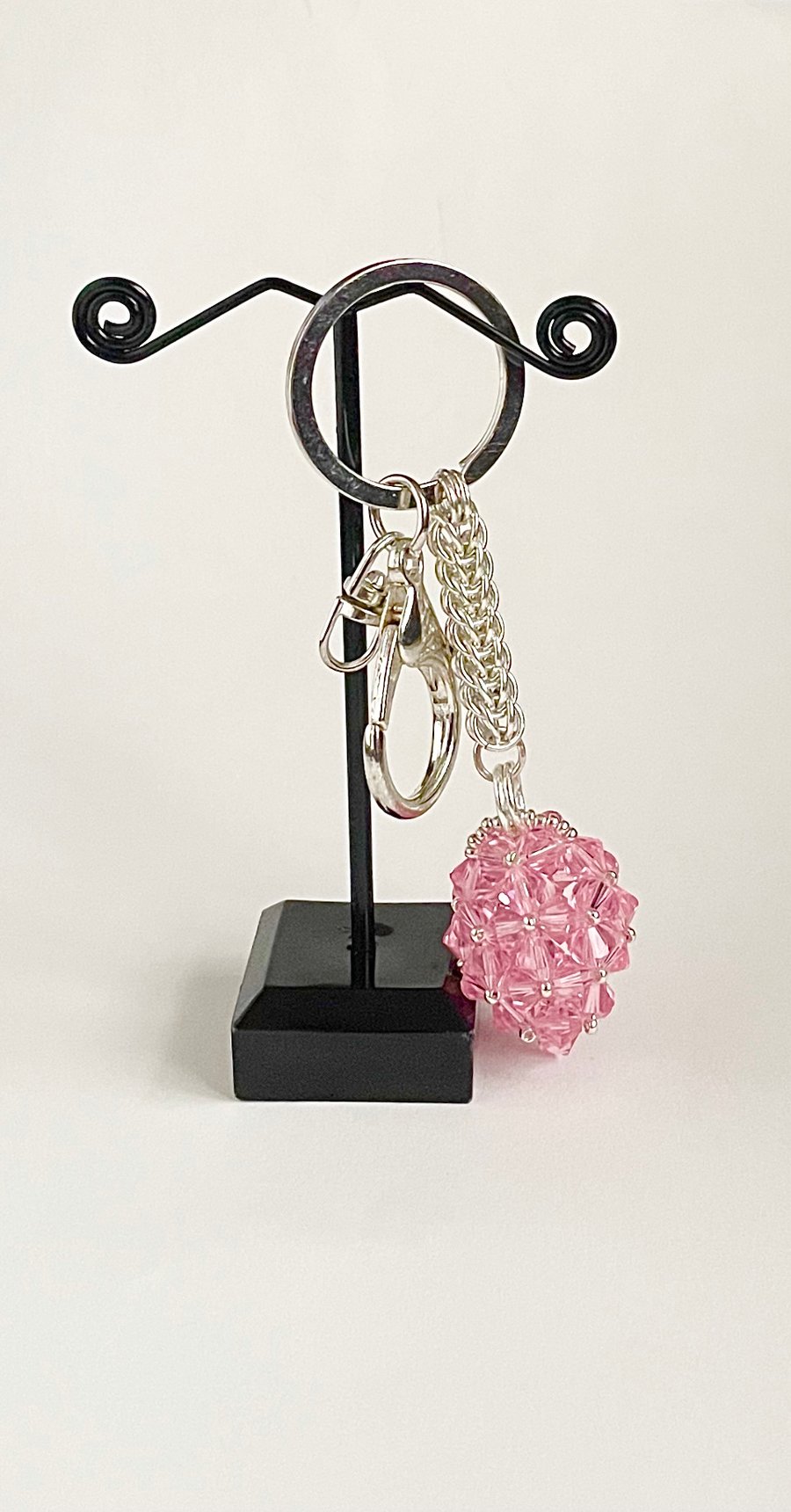Handbag Charm, Egg Shaped Rose Pink Crystal with a Chainmaille Chain and Keyring