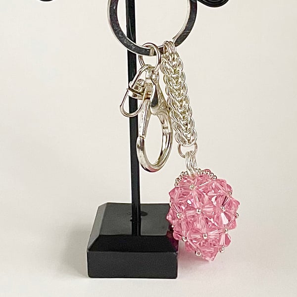 Handbag Charm, Egg Shaped Rose Pink Crystal with a Chainmaille Chain and Keyring